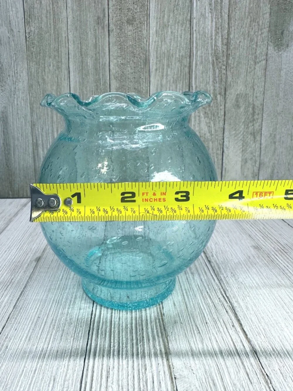 Vtg Light Blue Bubble Glass Vase with Ruffled Lip 5